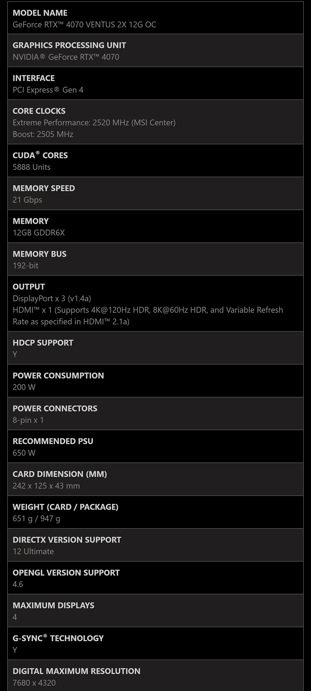 Spec GeForce RTX 4070 VENTUS 2X 12G OC